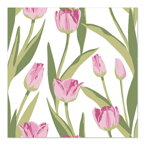 Illustration de tulipes roses en fleurs avec des feuilles vertes sur fond blanc, idéale comme modèle répétable pour PAPSTAR 20 serviettes, 33cm x 33cm 3 plis 1/4 pli design Set 1 de PAPSTAR GmbH.