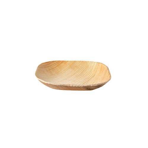 La PAPSTAR 25 assiette, feuille de palmier « pur » de la PAPSTAR GmbH est un bol en bois carré avec des bords arrondis et un grain de bois visible, fabriqué à partir de matériaux naturels et illustré sur fond blanc.
