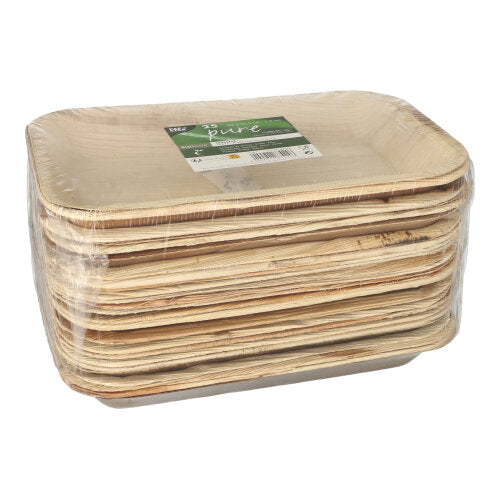 Ein Stapel PAPSTAR 25 Tabletten, Palmblatt „pure“ eckig von der PAPSTAR GmbH, verpackt in Klarsichtfolie mit grün-weißem Etikett; diese rechteckigen Platten sind biologisch abbaubar.