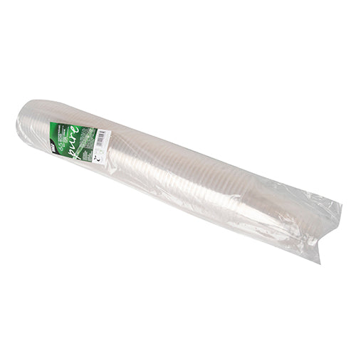 Un long manchon en plastique transparent contient 65 PAPSTAR gobelets à boisson froide PLA "pure", clairs comme du cristal (Ø 9,5 cm, 12,7 cm) de PAPSTAR GmbH, avec une étiquette verte et blanche sur l'emballage.