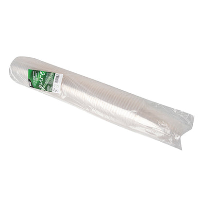 Un long manchon en plastique transparent contient 65 PAPSTAR gobelets à boisson froide PLA "pure", clairs comme du cristal (Ø 9,5 cm, 12,7 cm) de PAPSTAR GmbH, avec une étiquette verte et blanche sur l'emballage.