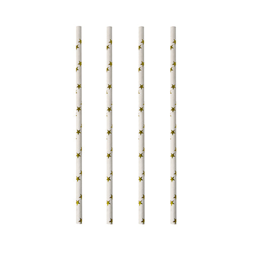 Quatre PAPSTAR 100 pailles (Ø 6 mm) de PAPSTAR GmbH avec des motifs d'étoiles jaunes sont disposées verticalement sur un fond blanc.