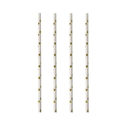 Quatre PAPSTAR 100 pailles (Ø 6 mm) de PAPSTAR GmbH avec des motifs d'étoiles jaunes sont disposées verticalement sur un fond blanc.