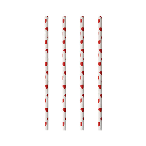 Quatre PAPSTAR 100 pailles en papier de PAPSTAR GmbH avec de petits cœurs rouges sont disposées verticalement en ligne sur un fond blanc, montrant le design durable de la marque.