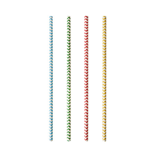 Quatre pailles en papier PAPSTAR (Ø 6 mm, motif en zigzag coloré en bleu, vert, rouge et jaune) de la marque PAPSTAR GmbH sont disposées verticalement sur un fond blanc. Le paquet contient 100 pailles écologiques.