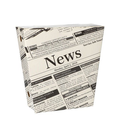 De PAPSTAR frietbak "Newsprint" van PAPSTAR GmbH is een rechthoekige papier- en foliebak met een klapdeksel, die op een witte achtergrond zwarte teksten, koppen en kleine advertenties in krantenstijl toont. "Nieuws" en de datum "maandag 2 april 2018" zijn zichtbaar.