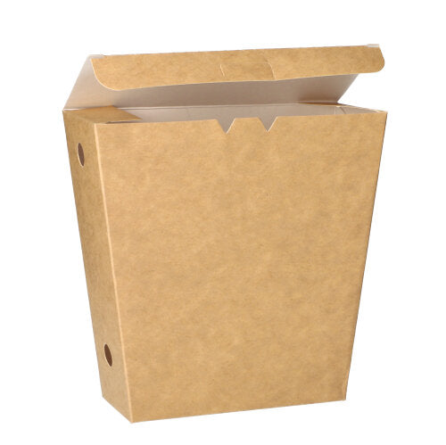 Een PAPSTAR frietbak "puur" in bruin met klapdeksel, van milieuvriendelijk karton, deels geopend en van voren bekeken voor een witte achtergrond. Verpakking met 50 stuks van PAPSTAR GmbH.