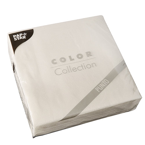 Een verzegelde verpakking met 30 witte 2-laags servetten „PUNTO“ (38x38 cm, 1/4 vouw) van PAPSTAR GmbH met subtiel stippenpatroon – ideaal voor de elegante tafeldecoratie.