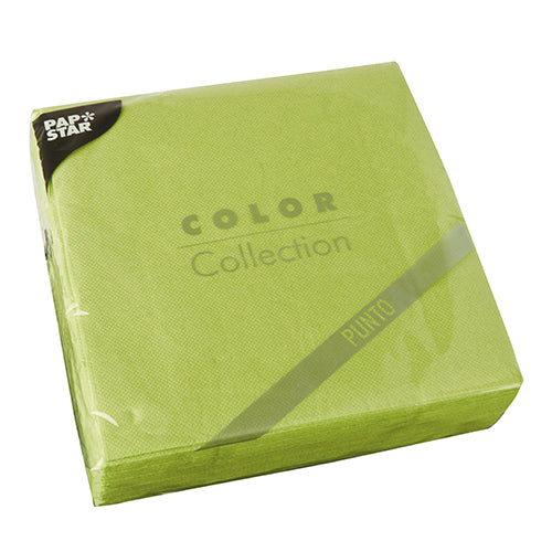 Een verzegelde verpakking met 30 PAPSTAR-servetten, 2-laags „PUNTO“ (38 x 38 cm, 1/4-vouw) van de PAPSTAR GmbH, met stippenpatroon en verpakt in transparante folie.