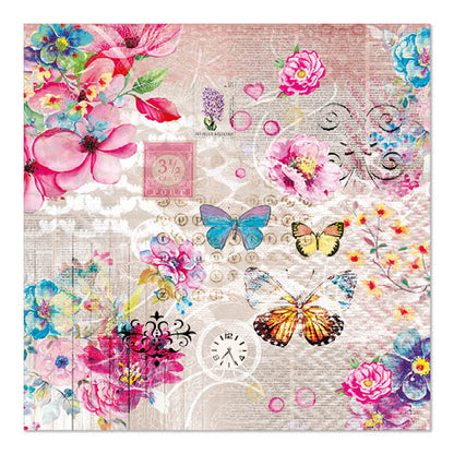 PAPSTAR 20 servetten, 33 cm x 33 cm 3-laags, Set 2 van PAPSTAR GmbH toont een levendige collage van bloemen, vlinders en vintage-motieven op een gestructureerde achtergrond - perfect om elke tafel te verfraaien.