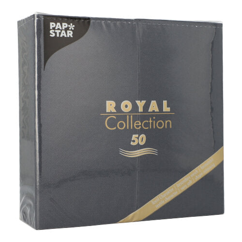 Een donkergrijze verpakking van de PAPSTAR GmbH met het opschrift „ROYAL Collection 50“ en goud-witte tekst bevat 50 servetten (1/8-vouw, 40x40 cm) voor een elegante tafeldecoratie, verpakt in transparante folie.