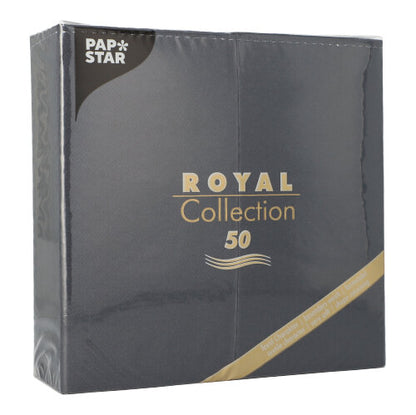 Een donkergrijze verpakking van de PAPSTAR GmbH met het opschrift „ROYAL Collection 50“ en goud-witte tekst bevat 50 servetten (1/8-vouw, 40x40 cm) voor een elegante tafeldecoratie, verpakt in transparante folie.