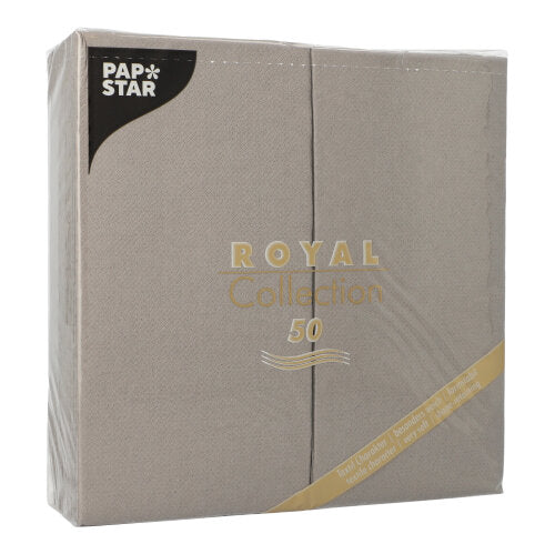 Een verzegelde verpakking met 50 grijze PAPSTAR servetten uit de „ROYAL Collection“, 1/8-vouw, 40 x 40 cm – ideaal voor elegant gedekte tafels.