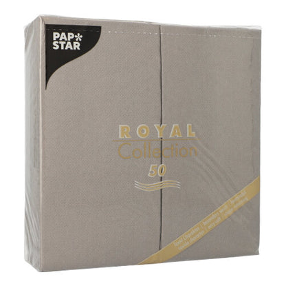 Een verzegelde verpakking met 50 grijze PAPSTAR servetten uit de „ROYAL Collection“, 1/8-vouw, 40 x 40 cm – ideaal voor elegant gedekte tafels.