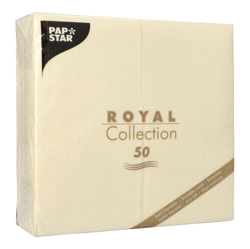 Een verpakking met 50 servetten (1/8-vouw, 40 x 40 cm) van de PAPSTAR GmbH uit de PAPSTAR ROYAL Collection in crème – ideaal voor elegant gedekte tafels – beschikt over een gouden en zwarte tekst en een diagonale gouden streep rechtsonder op de verpakking.