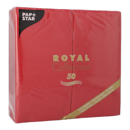 Afgebeeld is een verpakking met 50 rode PAPSTAR servetten „ROYAL Collection“ 1/8-vouw (40 x 40 cm) van de PAPSTAR GmbH met goud-witte tekst op een transparante kunststofverpakking – ideaal voor een elegante tafeldecoratie.