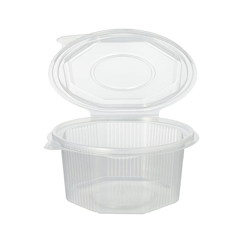 De Starpak 50 verpakkingsbeker met scharnierdeksel is een 8-hoekige, transparante PP-voedselcontainer met scharnierdeksel en verticale zijribben. Hij wordt leeg verkocht.