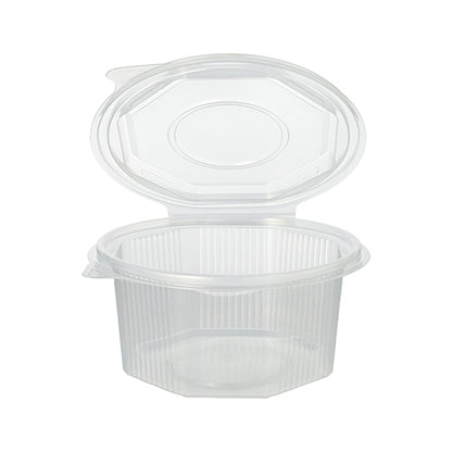 De Starpak 50 verpakkingsbeker met scharnierdeksel is een 8-hoekige, transparante PP-voedselcontainer met scharnierdeksel en verticale zijribben. Hij wordt leeg verkocht.