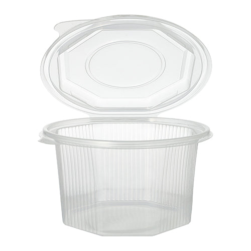 De Starpak 50 verpakkingsbeker met scharnierdeksel is een achthoekige, transparante voedselcontainer van PP met geribbelde zijkanten en een eraan bevestigd scharnierdeksel, afgebeeld open.