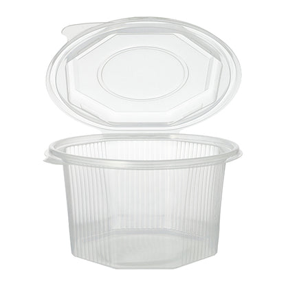 De Starpak 50 verpakkingsbeker met scharnierdeksel is een achthoekige, transparante voedselcontainer van PP met geribbelde zijkanten en een eraan bevestigd scharnierdeksel, afgebeeld open.