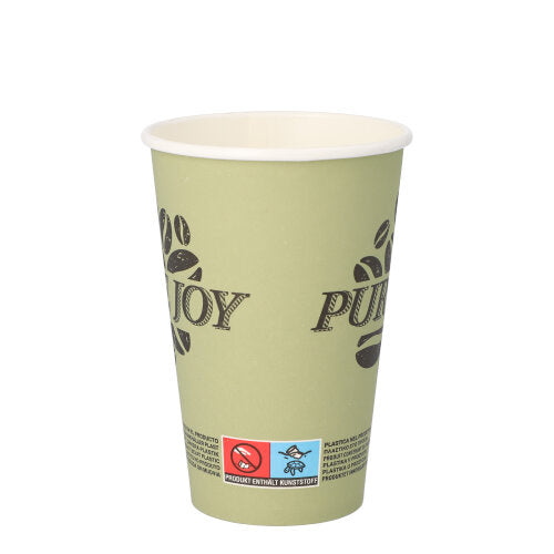 Un gobelet en carton "Pure Joy" vert clair PAPSTAR GmbH (Ø 8 cm, 11,7 cm de haut, 20 pièces) avec l'inscription noire "ENJOY", un motif de grains de café et une étiquette d'avertissement rouge et bleue en bas contenant des informations sur le contenu en plastique.