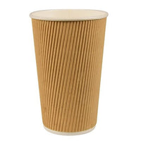 Un PAPSTAR Un gobelet en carton « Ripple Wall » de la marque GmbH (Ø 9 cm, hauteur 13,7 cm), avec une face extérieure marron nervurée et un bord/intérieur blanc, est posé debout sur un fond blanc.