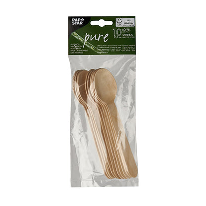 In een transparante verpakking bevinden zich 10 koffielepels van hout „pure“ van de PAPSTAR GmbH met groen-wit etiket met het opschrift „Pure“ en „10 lepels, hout“ evenals merkaanduidingen.