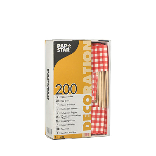 Une boîte de 200 PAPSTAR 8 cm Deko-Picker de la PAPSTAR GmbH avec des drapeaux à carreaux rouge et blanc pour le catering ou les amuse-gueules est livrée dans une boîte avec une fenêtre avant pour une meilleure visibilité, portant l'inscription « DECORATION ».