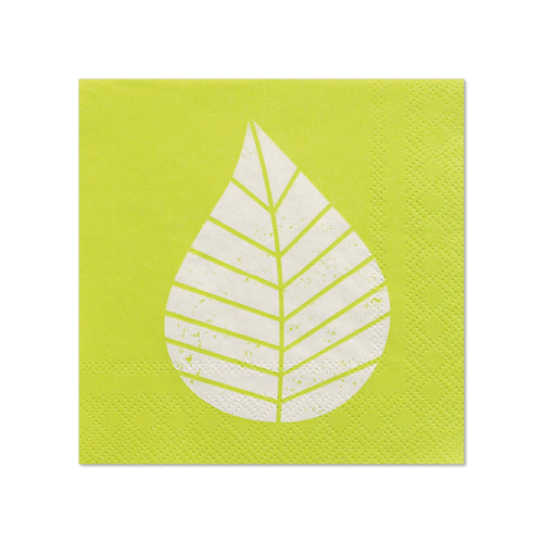 Les PAPSTAR 20 serviettes (25x25 cm, 3 plis, 1/4 pli) de la société PAPSTAR GmbH présentent un design vert avec une feuille blanche stylisée en forme de goutte d'eau – idéal pour une décoration de table unique.