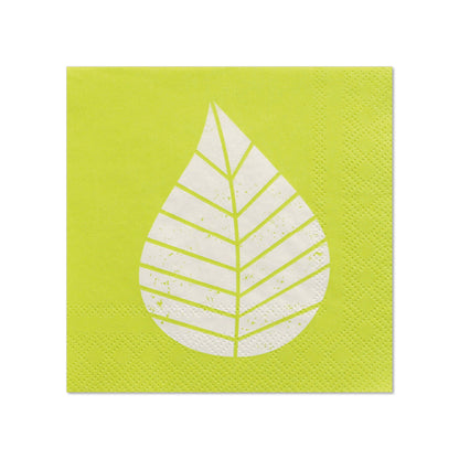 Les PAPSTAR 20 serviettes (25x25 cm, 3 plis, 1/4 pli) de la société PAPSTAR GmbH présentent un design vert avec une feuille blanche stylisée en forme de goutte d'eau – idéal pour une décoration de table unique.