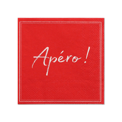 Un paquet de 20 serviettes rouges 3 plis (25 x 25 cm, 1/4 pli) de la société PAPSTAR GmbH avec un bord blanc et « Apéro! » en écriture blanche au centre.