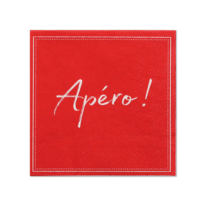 Un paquet de 20 serviettes rouges 3 plis (25 x 25 cm, 1/4 pli) de la société PAPSTAR GmbH avec un bord blanc et « Apéro! » en écriture blanche au centre.