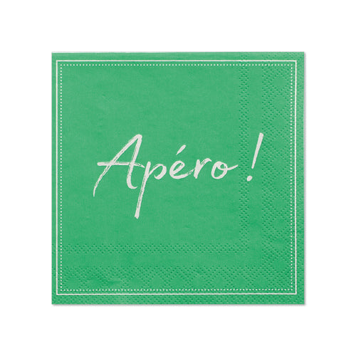 Les PAPSTAR 20 serviettes (25x25 cm, 3 plis, 1/4 pli) de la société PAPSTAR GmbH se présentent dans un design vert avec une couture blanche et l'inscription « Apéro! » – idéal pour une décoration de table élégante lors de chaque réunion.