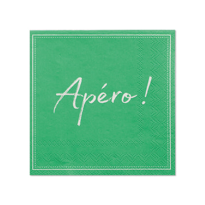 Les PAPSTAR 20 serviettes (25x25 cm, 3 plis, 1/4 pli) de la société PAPSTAR GmbH se présentent dans un design vert avec une couture blanche et l'inscription « Apéro! » – idéal pour une décoration de table élégante lors de chaque réunion.