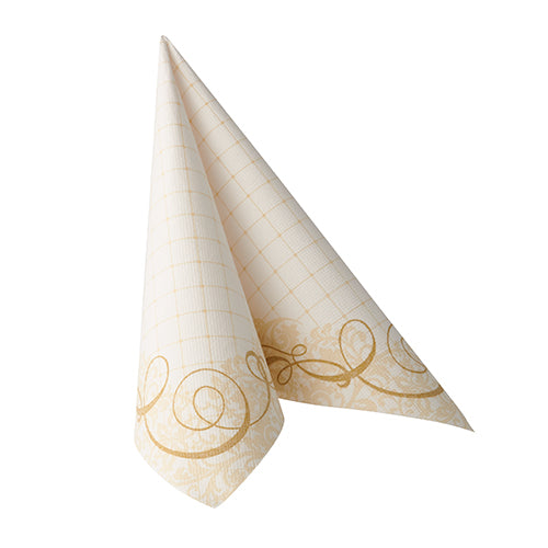 Een gevouwen, gouden PAPSTAR ROYAL Collection 1/4-vouw servet (40 x 40 cm) van de PAPSTAR GmbH staat rechtop op een witte ondergrond.