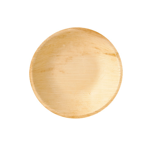 Een ronde, platte PAPSTAR palmblad schaal (17,5 cm, set van 6), milieuvriendelijk, met een glad oppervlak van bovenaf gefotografeerd tegen een witte achtergrond.