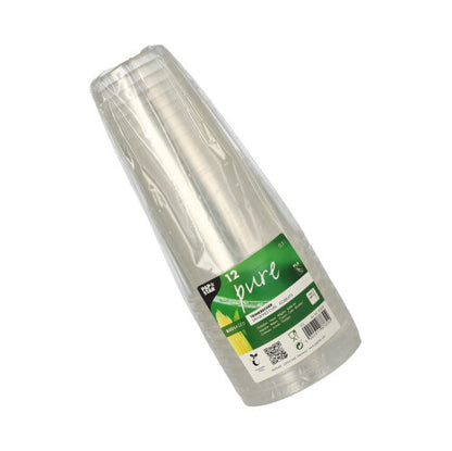Een 12-pack PAPSTAR PLA "pure" koude drankbeker, glashelder met schuimrand, van PAPSTAR GmbH-biologisch afbreekbaar, ideaal voor koude dranken, gestapeld en verpakt in helder kunststof met groen-wit info- en recyclinglabel.