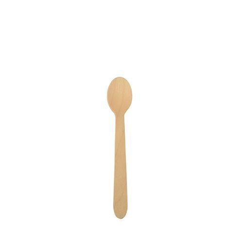 Een PAPSTAR houten koffielepel "pure", 11 cm, milieuvriendelijk van PAPSTAR GmbH met ronde lepel en rechte steel ligt in het midden op een witte achtergrond.