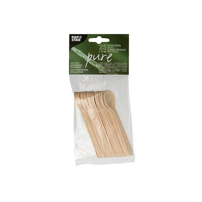 Een doorzichtige plastic zak met 25 PAPSTAR houten koffielepels "pure", 11 cm, milieuvriendelijk van PAPSTAR GmbH. Een groen-wit topetiket geeft meertalig informatie over het product.