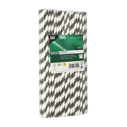 Un paquet rectangulaire avec 100 PAPSTAR pailles en papier de 6 mm de PAPSTAR GmbH est debout et porte une étiquette vert-blanc avec des informations sur le produit et un code-barres. Ces pailles écologiques sont biodégradables et durables.