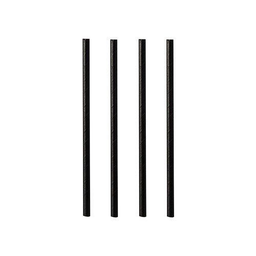 Vier zwarte PAPSTAR papieren cocktailrietjes (7 mm x 10 cm) van de PAPSTAR GmbH staan rechtop in een rij voor een witte achtergrond.