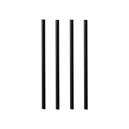 Vier zwarte PAPSTAR papieren cocktailrietjes (7 mm x 10 cm) van de PAPSTAR GmbH staan rechtop in een rij voor een witte achtergrond.