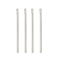 Quatre blancs PAPSTAR Des pailles avec cuillère intégrée en papier (20 cm, Ø 8 mm, 100 pièces) sont alignées debout sur un fond blanc ; chaque paille présente une entaille en biais à son extrémité.