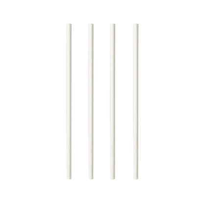 Quatre pailles en papier "pure" blanches PAPSTAR Shake (Ø 8 mm, 25 cm) de PAPSTAR GmbH sont soigneusement alignées en rangée - pailles durables et écologiques (100 pièces), idéales pour toute boisson.