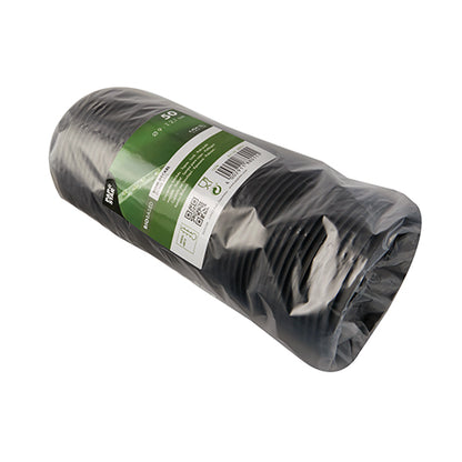 Een stapel PAPSTAR 50 Dom-deksels, ronde witte C-PLA-deksels (2,1 cm hoog) van PAPSTAR GmbH, veilig verpakt in een transparante verpakking met groen-wit etiket – een milieuvriendelijke oplossing voor uw plantenverzorging.