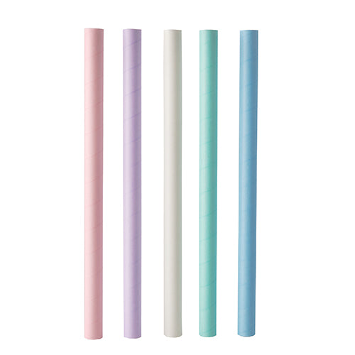 Fünf PAPSTAR Bubble Tea Papierhalme (Ø12mm, 20cm) in rosa, lavendel, weiß, mintgrün und hellblau stehen senkrecht in einer Reihe vor einem schlichten weißen Hintergrund. Marke: PAPSTAR GmbH. Packung: 200 Stück.