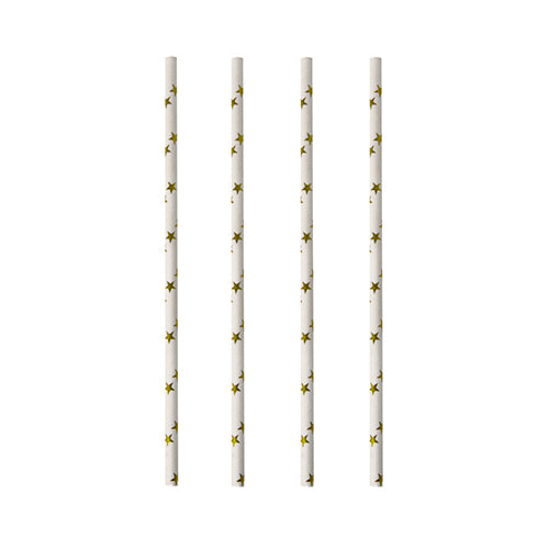 Quatre pailles en papier PAPSTAR (noir/blanc « Stripes », Ø 6 mm, 20 cm) sont disposées verticalement et uniformément sur un fond blanc. Les pailles écologiques de la société PAPSTAR GmbH sont biodégradables.