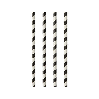 Quatre pailles en papier PAPSTAR GmbH, du set « 25 pailles, Ø 6 mm · 20 cm rayures noires/blanches », sont disposées verticalement et uniformément sur un fond blanc avec un motif de rayures.