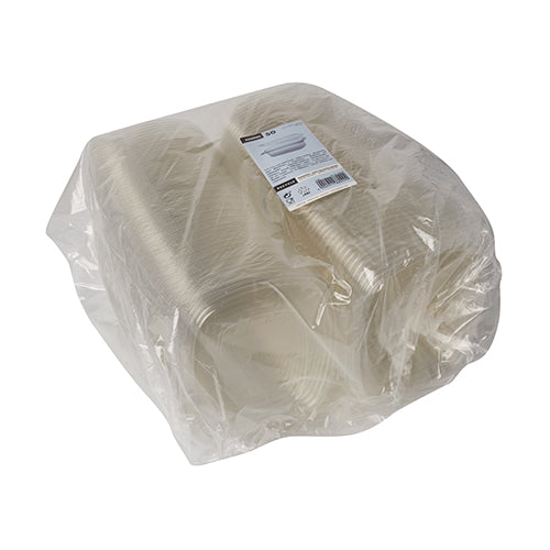 Ein Stapel Starpak 50 Feinkost- und Salatschalen mit Klappdeckel, R-PET glasklar oval, verpackt in einer durchsichtigen Plastikverpackung mit einem Produktetikett oben.