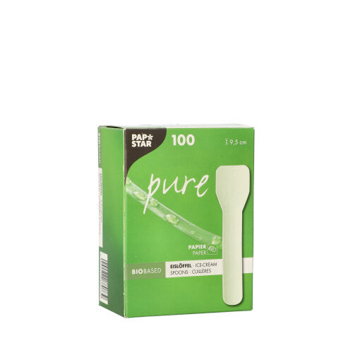Eine weiße Schachtel mit der Aufschrift "PAPSTAR Eislöffel Papier pure" der PAPSTAR GmbH enthält 100 umweltfreundliche 9,5 cm große Eislöffel aus Papier, deren Verpackung die biologische Abbaubarkeit hervorhebt und die Abbildung eines weißen Löffels zeigt.